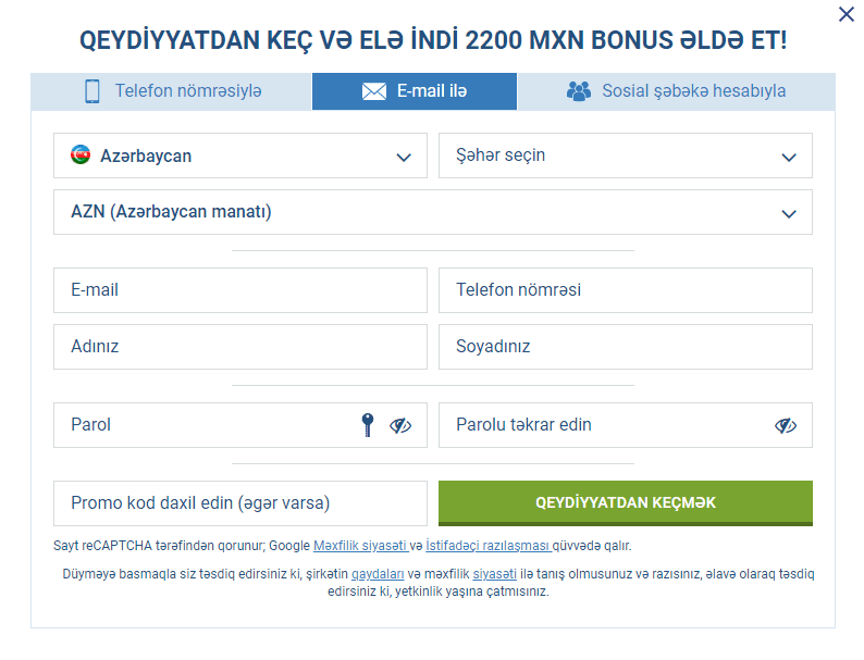 e-poçt vasitəsilə 1xbet qeydiyyatı